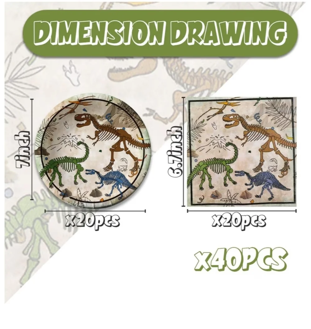 New 40 PCS Dinosaur Party Supplies, Fossil World Set With Plates and Napkins
